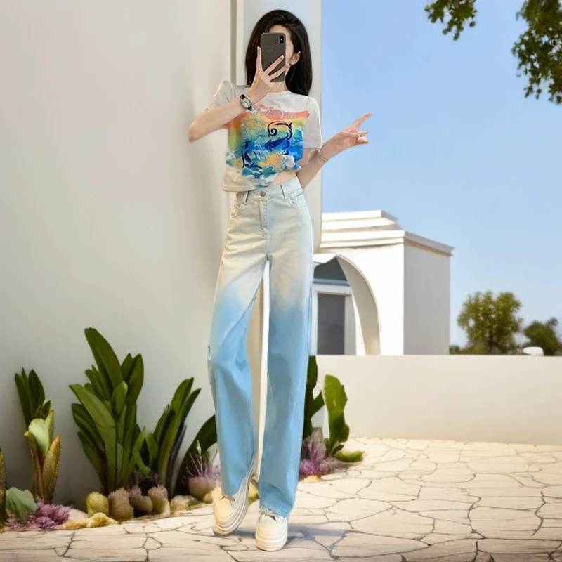 盐系炸街时尚夏装夏刺绣T恤渐变套装套装网红时尚炸街新款女装