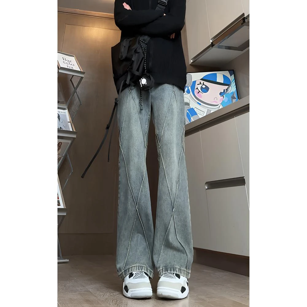 美式高街vibe微喇牛仔裤男拼接设计高个子痞帅直筒弯刀显瘦裤子潮