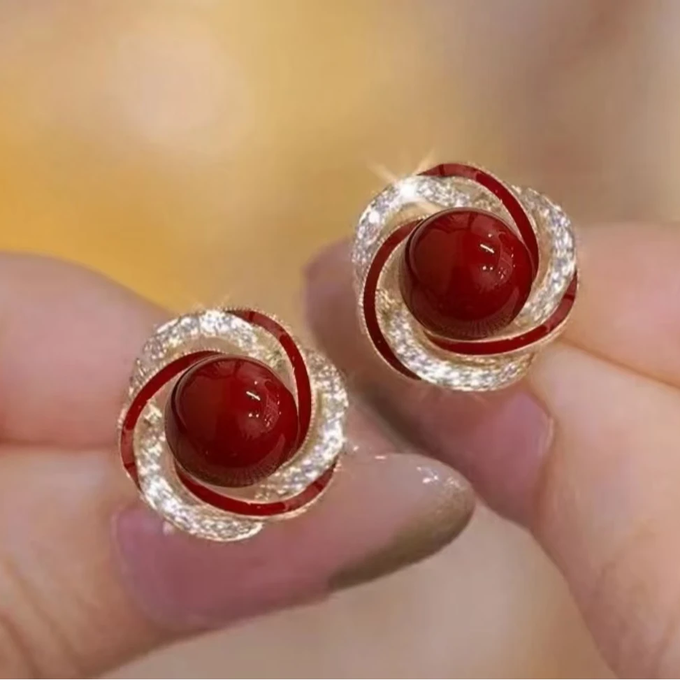 合金耳饰 铜合金耳饰 新年小众螺旋耳钉 个性安格拉红 气质耳钉