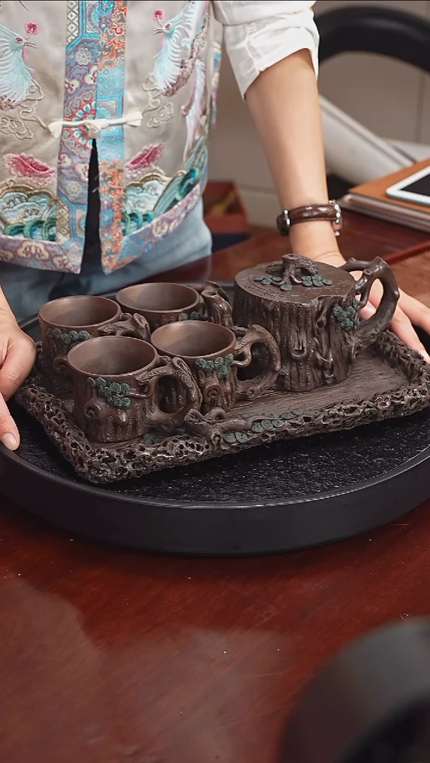 茶壶紫砂朱小华 松桩五件套121 紫泥 370毫升 朱持平