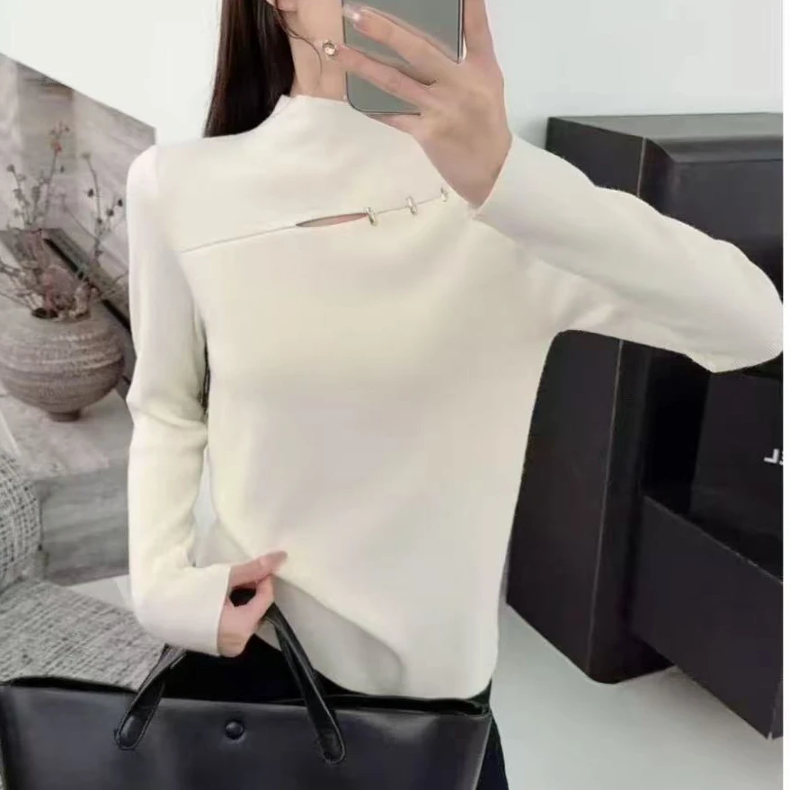 秋冬新款显瘦时尚镂空修身打底衫钉珠百搭小衫女上衣2277长55