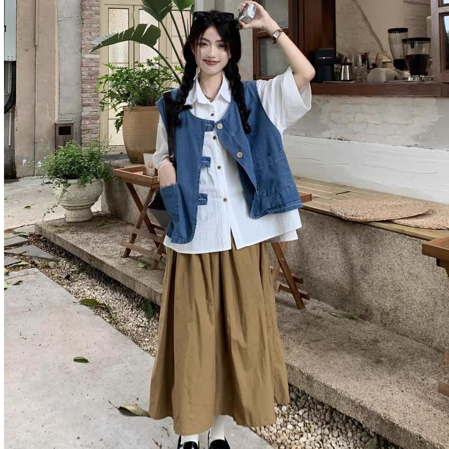 三件套女夏季新款短袖衬衫外搭叠穿牛仔马甲背心高腰半身裙1788