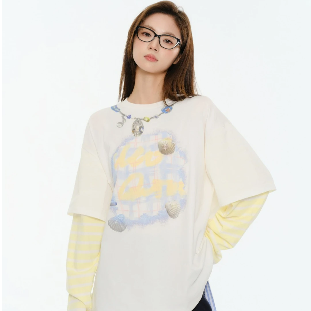 Mto贝壳项链印花T恤套头宽松百搭假两件撞色春季新款设计师