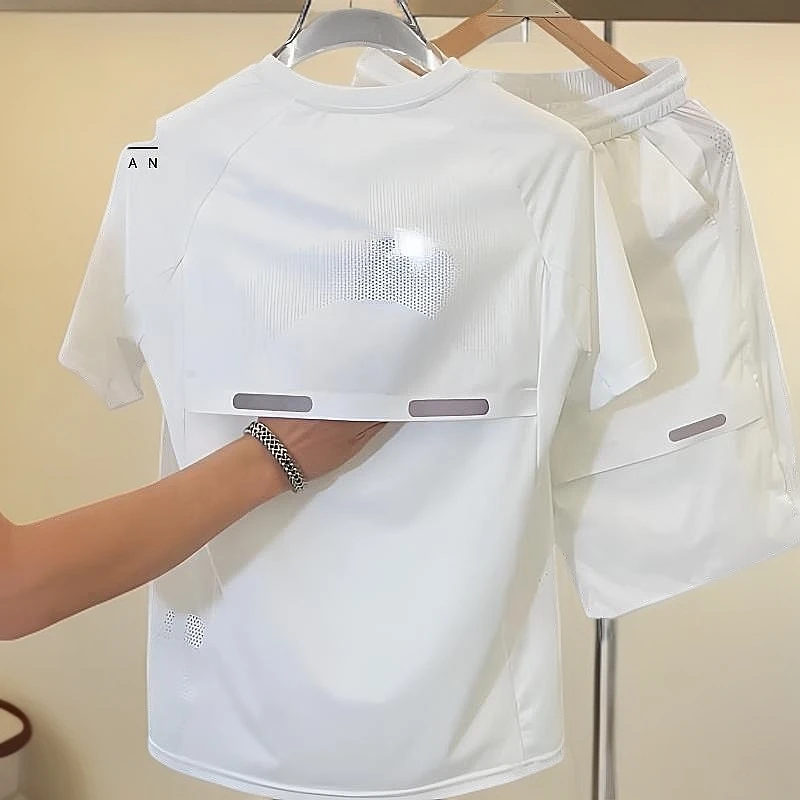 居幻夏季打孔透气速干冰丝套装男轻奢弹力宽松短袖短裤两件套薄款