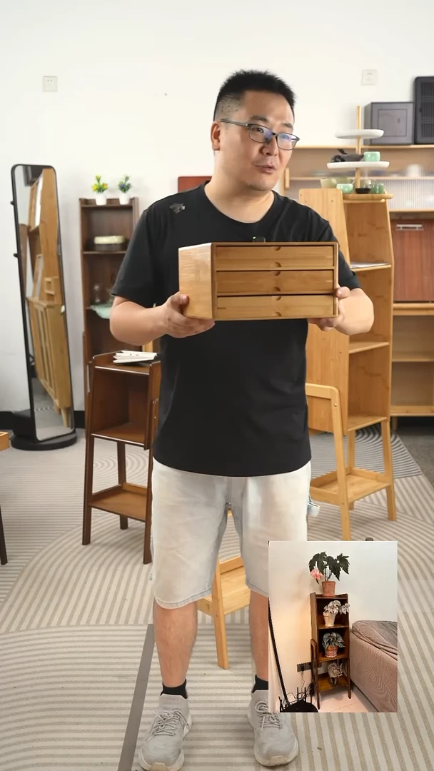 竹老*三层微瑕抽屉茶饼盒原木色