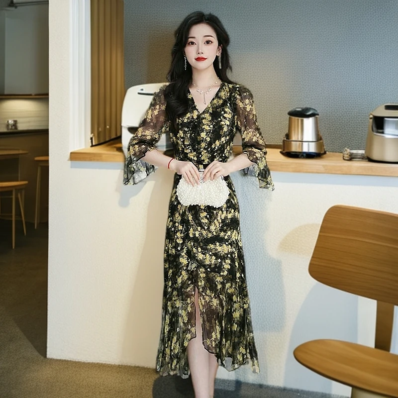 【千羽定制】法式碎花连衣裙2025年夏季减龄气质显瘦荷叶边鱼尾裙子