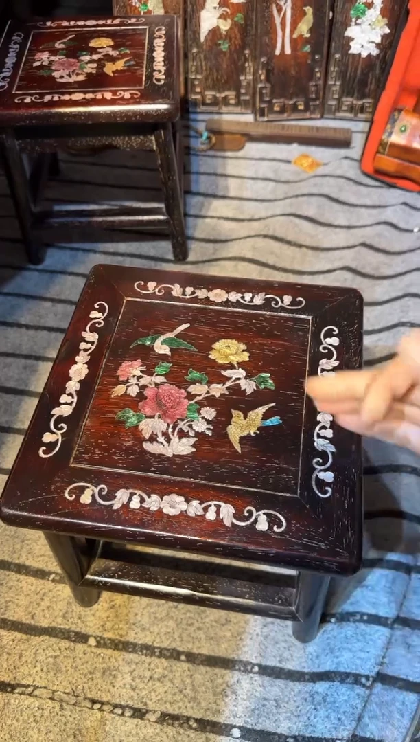 木紫檀富贵凳镶嵌彩贝花鸟花鸟