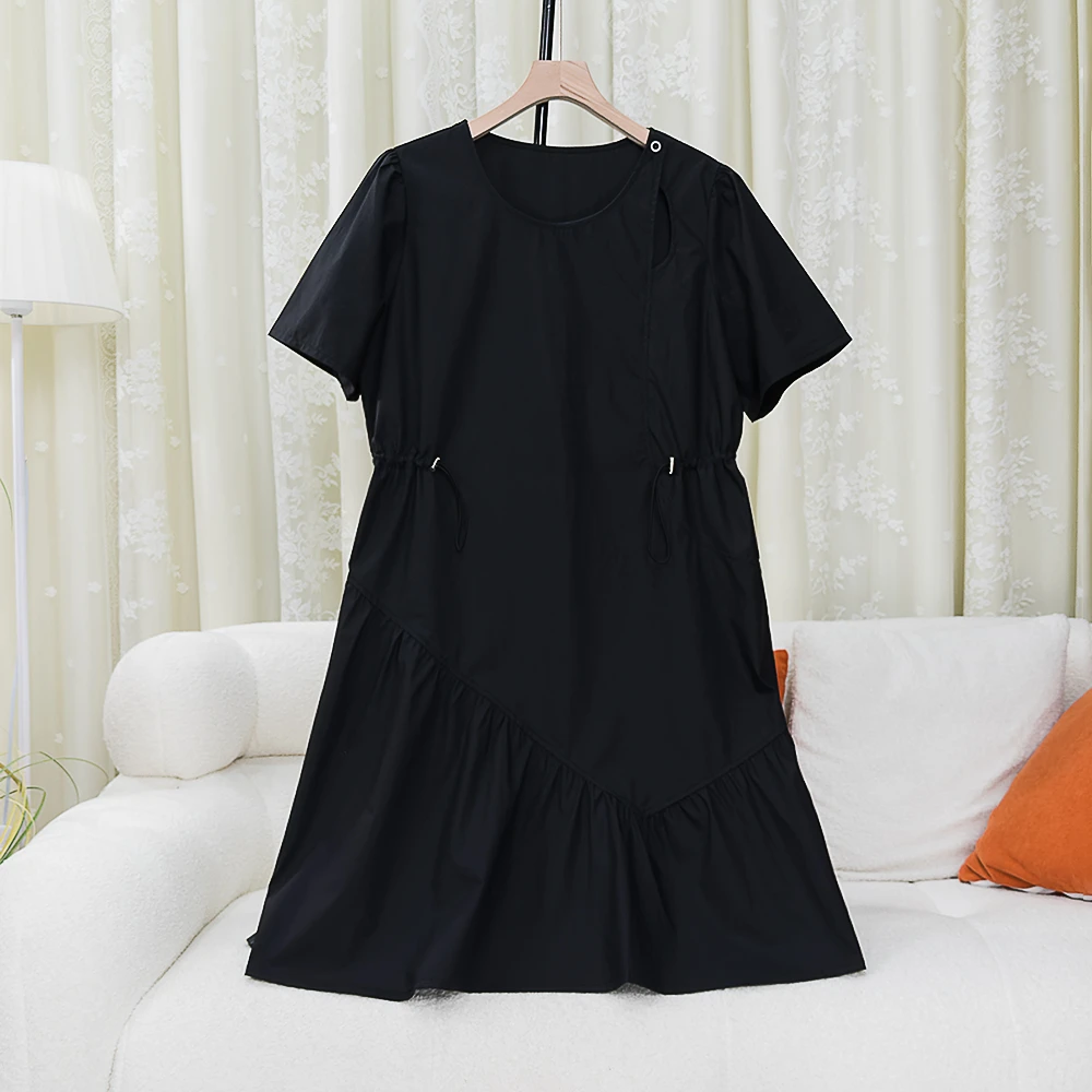 纯色宽松腰A字裙镂空圆领连衣裙拼接显瘦泡泡袖A2A3L2291