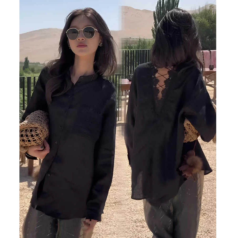 法式后背蕾丝镂空长袖衬衫女2025早秋新款气质韩系chic别致上衣