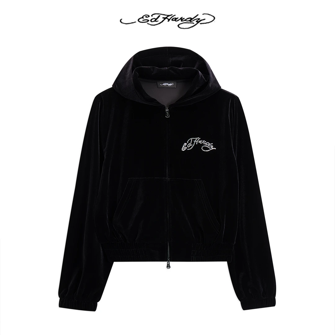 Ed Hardy/埃德哈迪春秋新款百搭连帽烫钻潮流丝绒外套E1QCW449