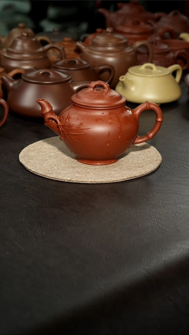 茶壶紫砂汗**马笑樱竹节壶原矿红皮龙