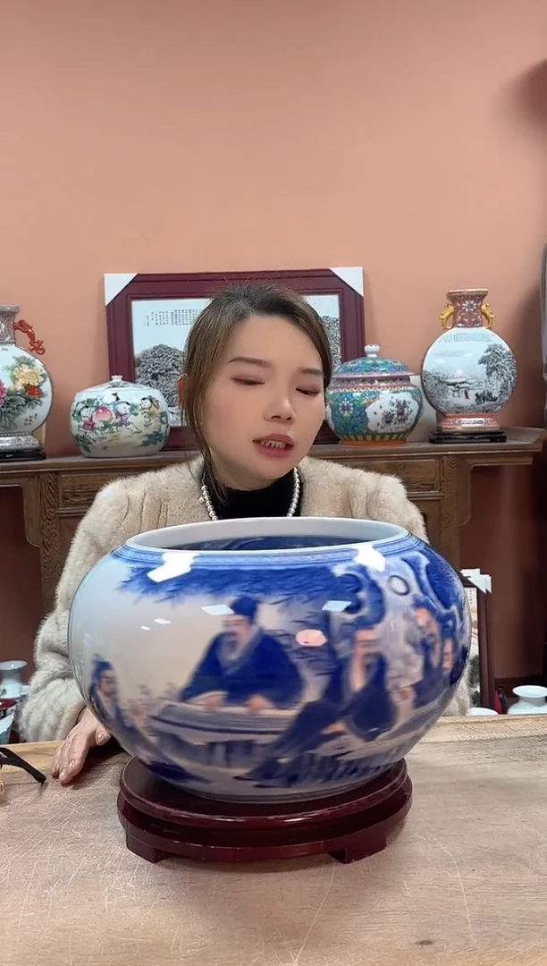 陶瓷青花竹林七贤聚宝盆7777