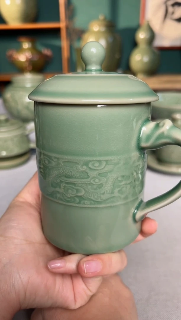 【闪购商品】其他耀州窑青釉双龙盖杯微瑕福利特价