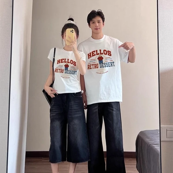 （2件装）情侣装短袖t恤男女一长一短2025夏季新款修身显瘦纯棉短袖