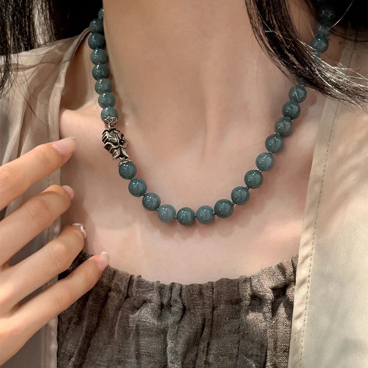 <一禅兄>S925银翡翠蓝水圆珠牡丹花吊坠金鱼蝴蝶扣小众设计感项链