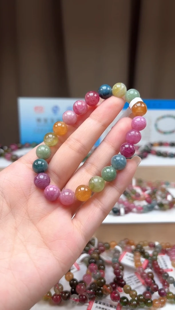 未镶嵌手串碧玺9.4mm艳丽彩虹色高阶油画体碧玺单圈手串