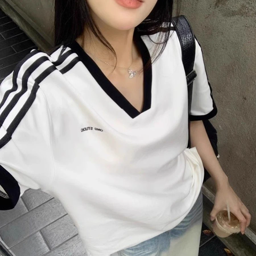 大码300斤美式复古插肩三条杆V领短袖T恤男女2025新款夏情侣上衣