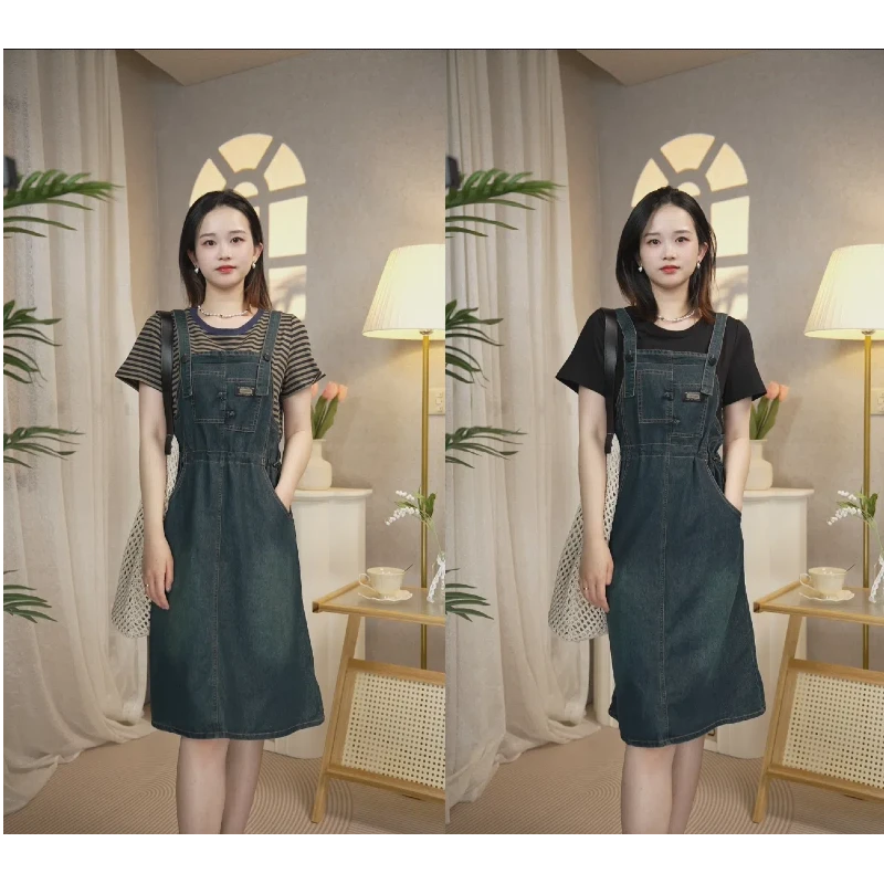 盘扣假两件牛仔裙女夏季新款洋气收腰显瘦小个子时尚休闲背带裙