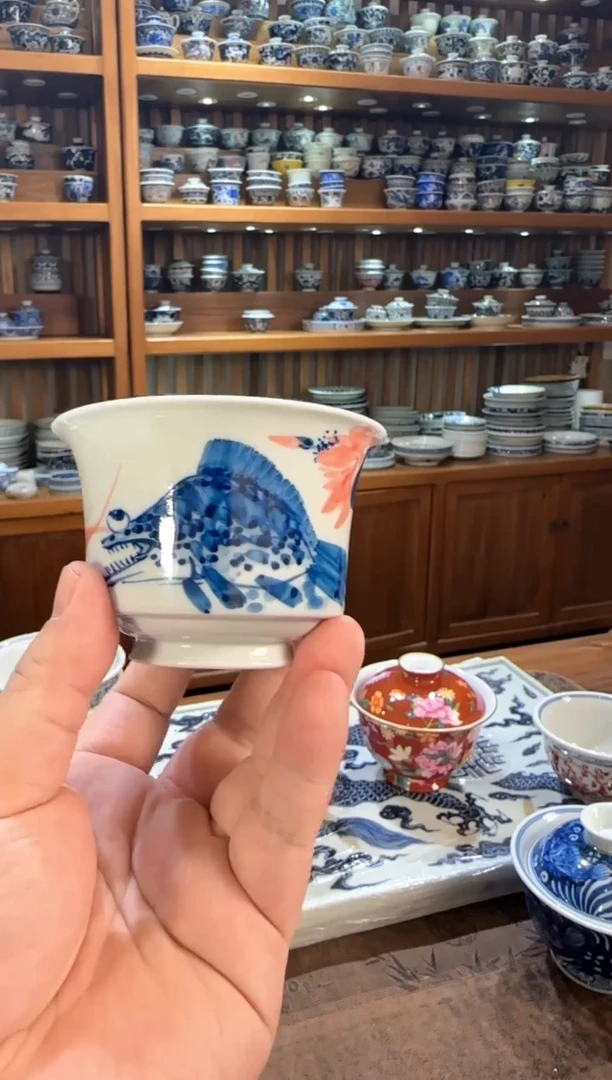 青花鳜鱼手工盖碗