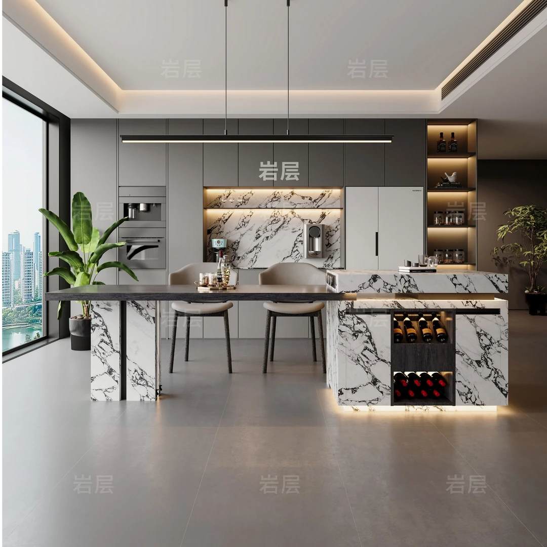 岩层双11意式高端定制多功能全岩板岛台餐桌一体家用客厅餐厅导台