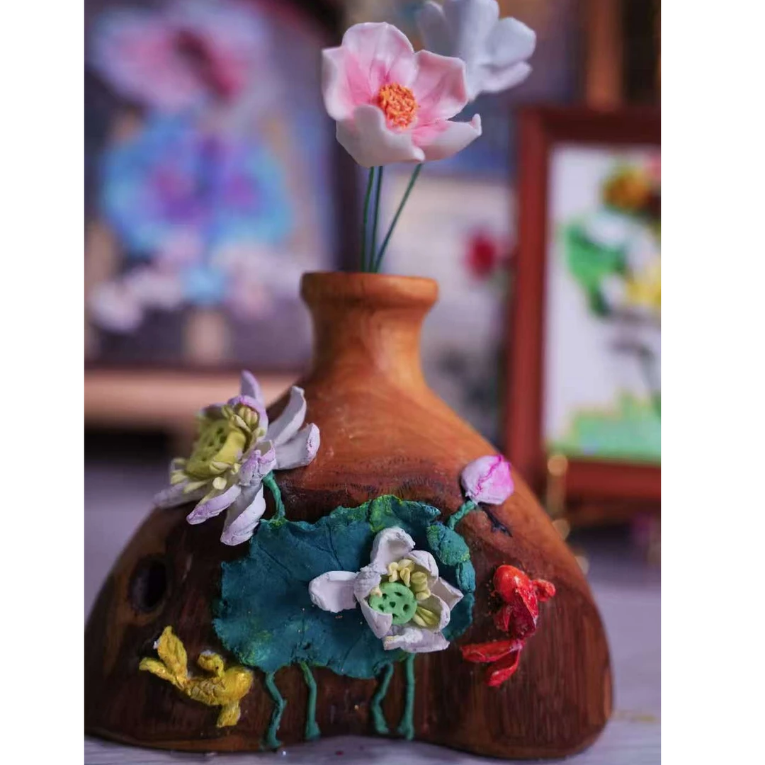 荷花摆件手工原创浮雕花瓶13*15