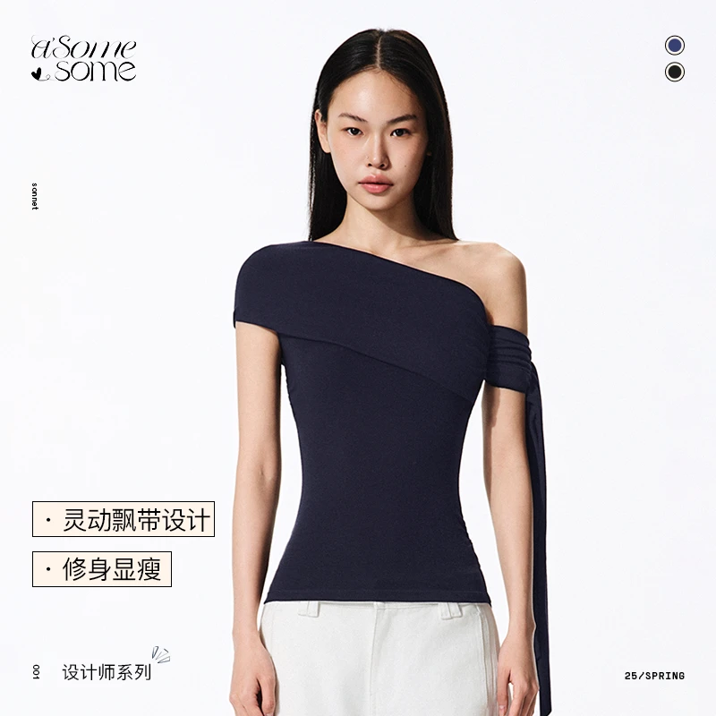 asomesome辣妹斜肩飘带褶皱修身短袖T恤女夏新设计感露肩斜肩上衣