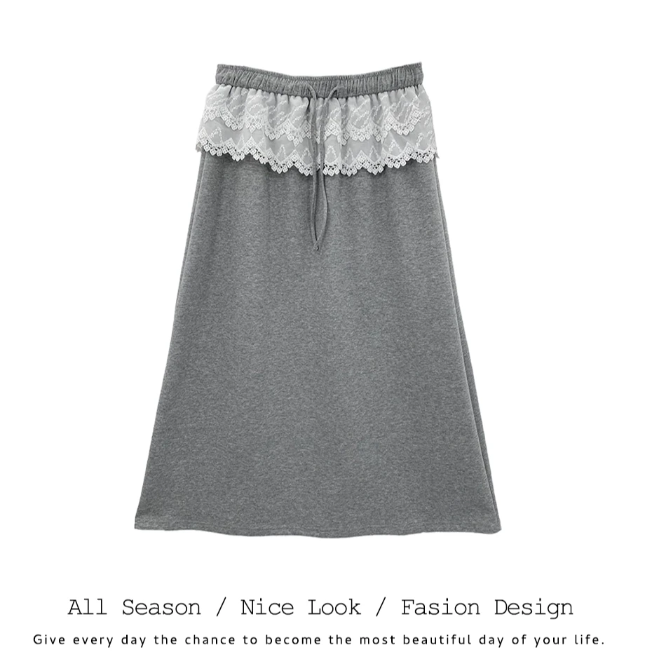 189  2025春季灰色新款法式温柔风蕾丝假两件洋气减龄半身裙#7376