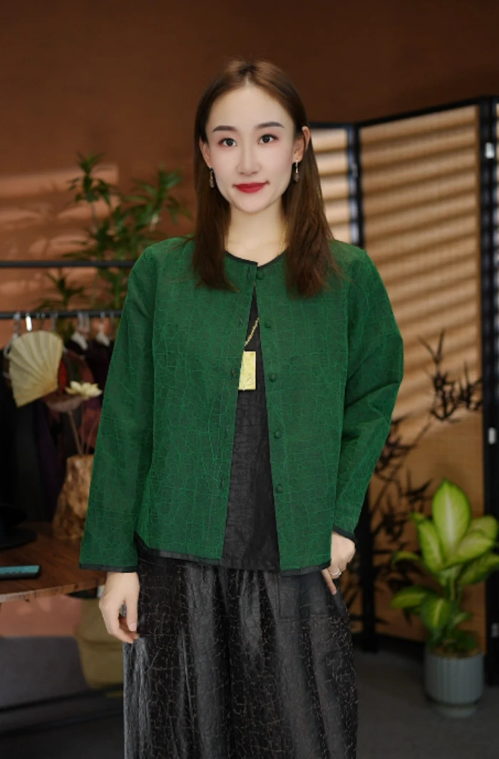 【苗蔓纱语】绿龟圆领秋季新款长袖外套桑蚕丝香云纱双面穿