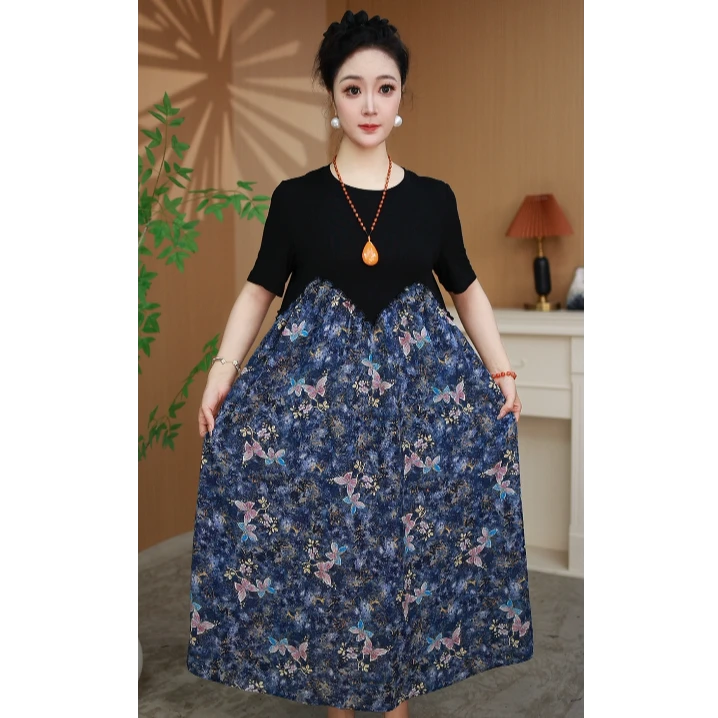 木子原创 ●【 蓝色蝴蝶】夏季宽松女士长款印花连衣裙888-26