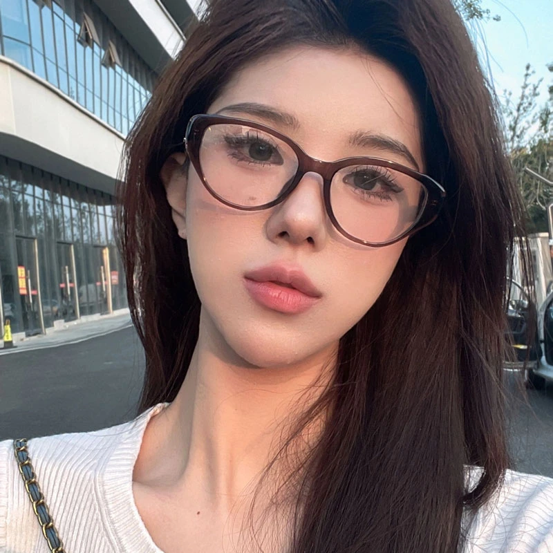 冷茶色猫眼眼镜女高级感素颜神器方圆脸美拉德椭圆框近视眼睛镜框