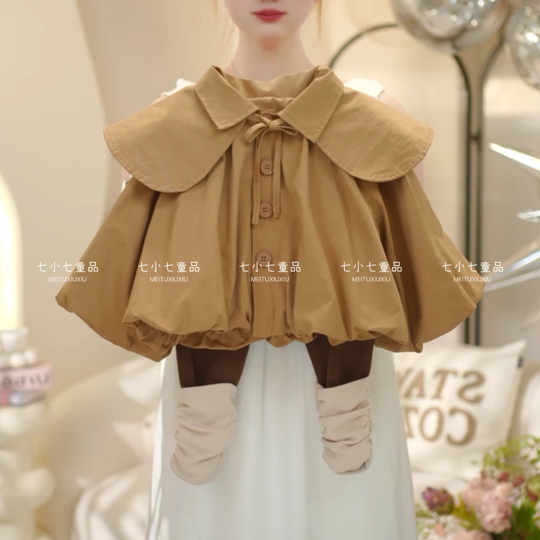 女童2025秋季新款韩版洋气娃娃领风衣外套+拼接打底裤套装C21866