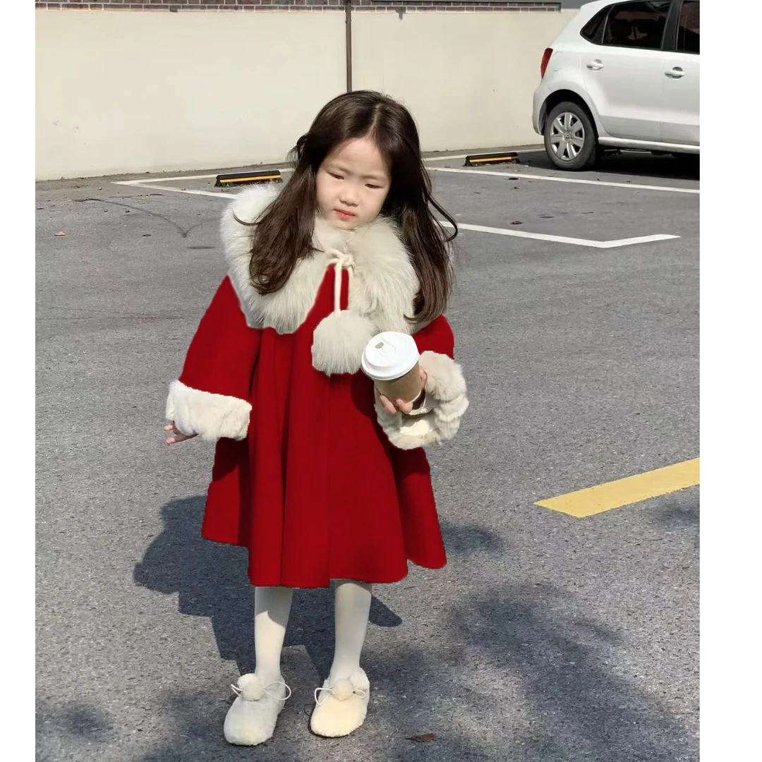 狐狸毛）儿童冬季加厚红色大衣斗篷外套拜年服小女孩加厚披风