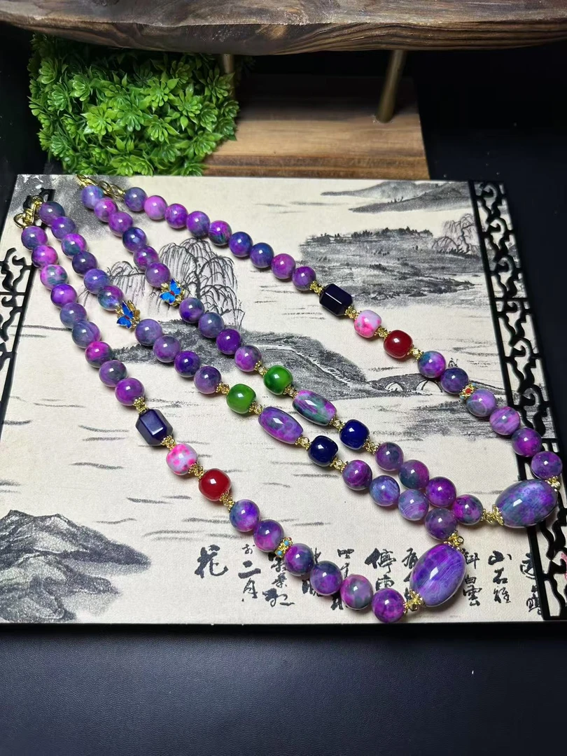 S8294-七彩霞光药王石玛瑙桶珠项链-送礼佳品-多样性只发一件