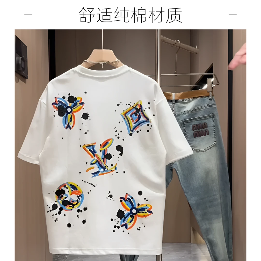 夏季新款男士短袖休闲2025彩绘印花圆领上衣百搭半袖潮牌打底T恤