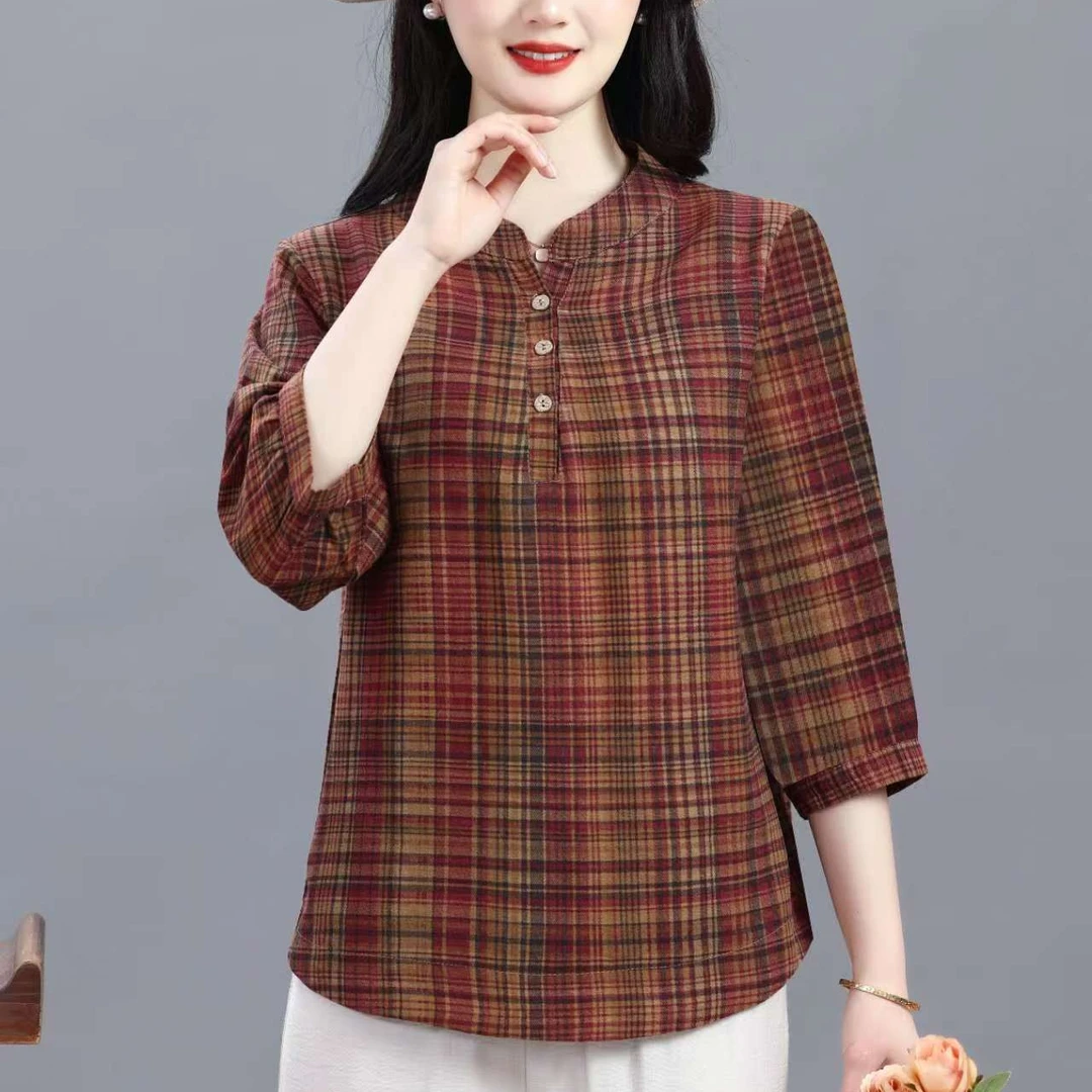 春夏季中老年薄款洋气百搭格子碎花七分袖立领宽松大码棉麻妈妈装