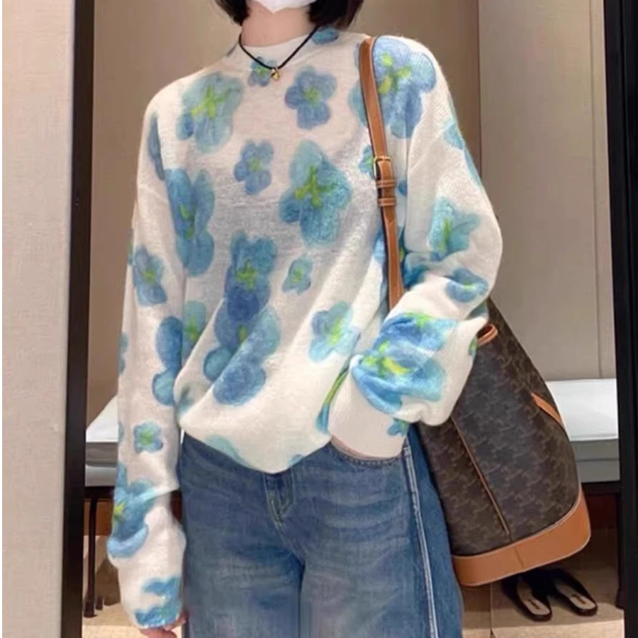 （3144）2025春季新款百搭宽松显瘦花朵印花圆领长袖套头针织衫女