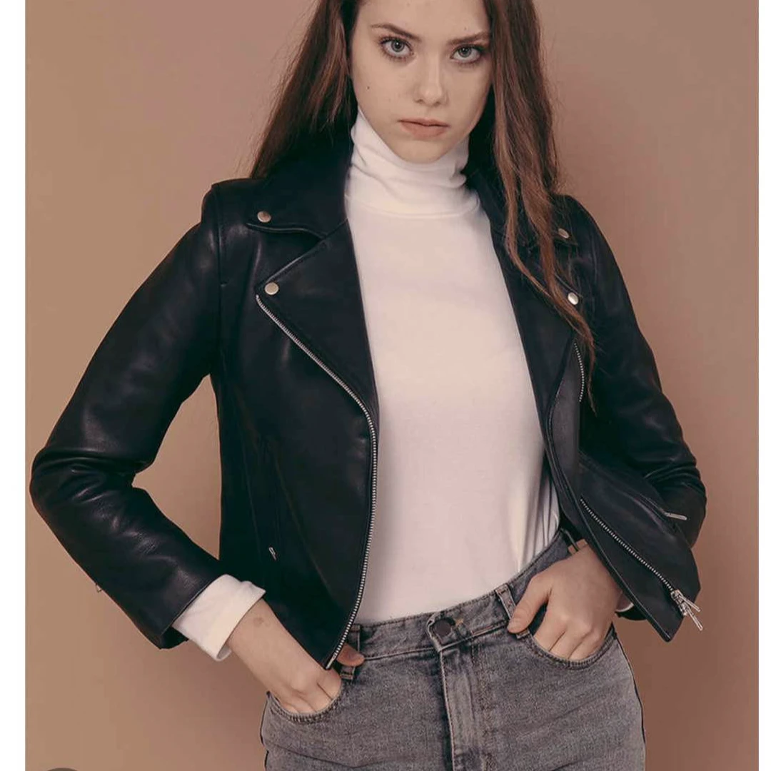 PJL春季女短款翻领修身型时尚真皮收腰L-28韩版机车