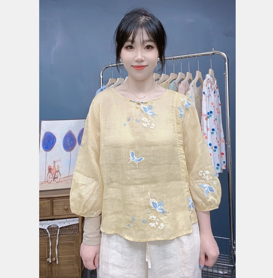 夏季轻薄透气  100支苎麻小衫蝴蝶刺绣盘扣新中式七分袖上衣