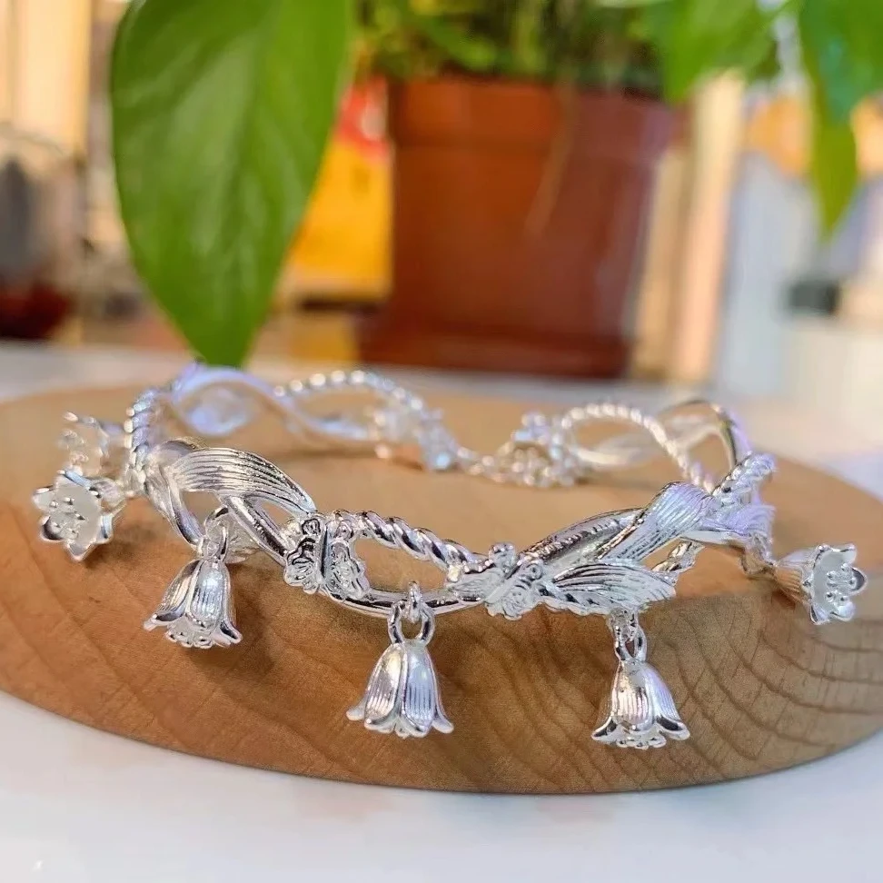 足银手镯 开口铃兰花足银999.9实心开口手镯幸福归来