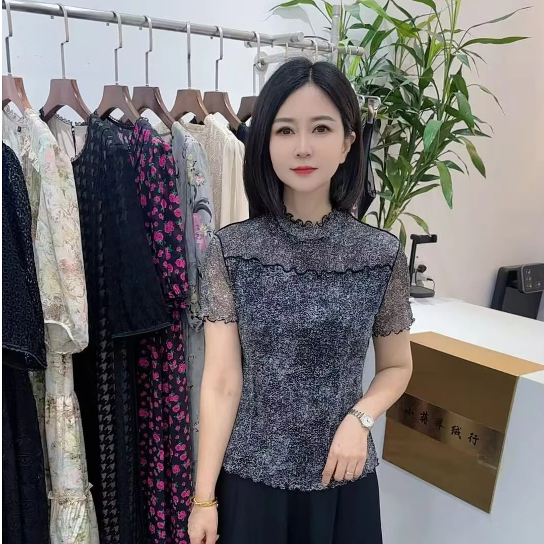 【小蒋严选】100%针织桑蚕丝气质双层网纱短袖小衫气质真丝上衣