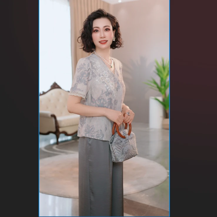 【现货现发】时尚套装2025新款气质中老年女装宽松两件套上衣裤子