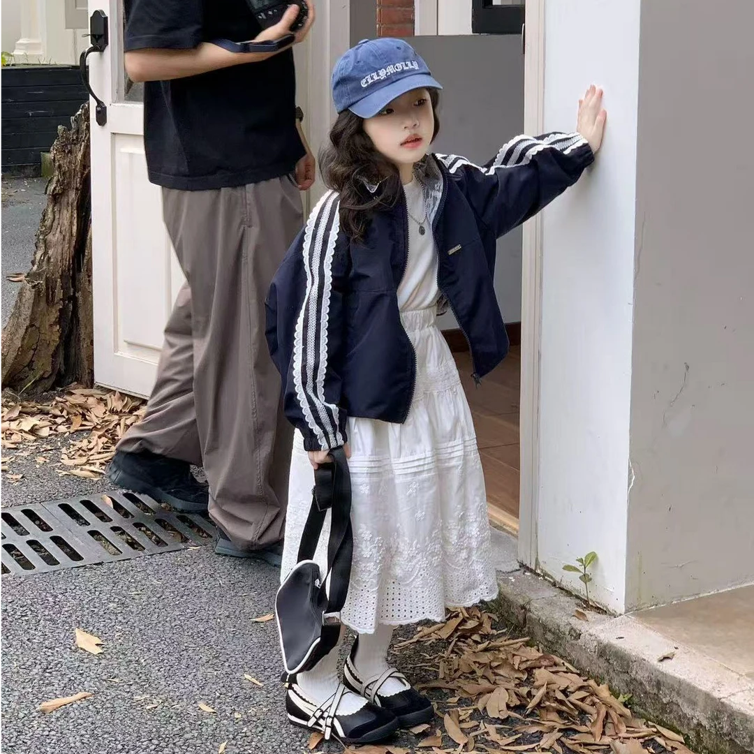 壹妈韩版童装女童时髦套装早秋新款洋气女宝蓝色休闲风外套半身裙