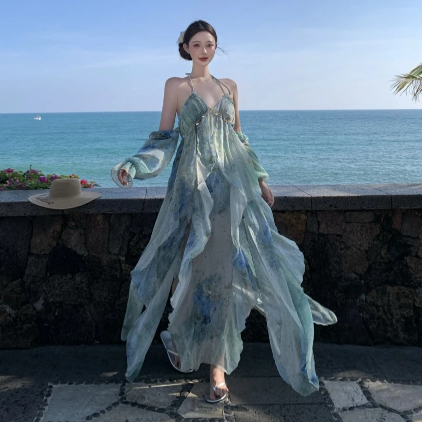 海边度假风不规则晕染吊带长裙2025新款设计感小众露肩连衣裙女夏