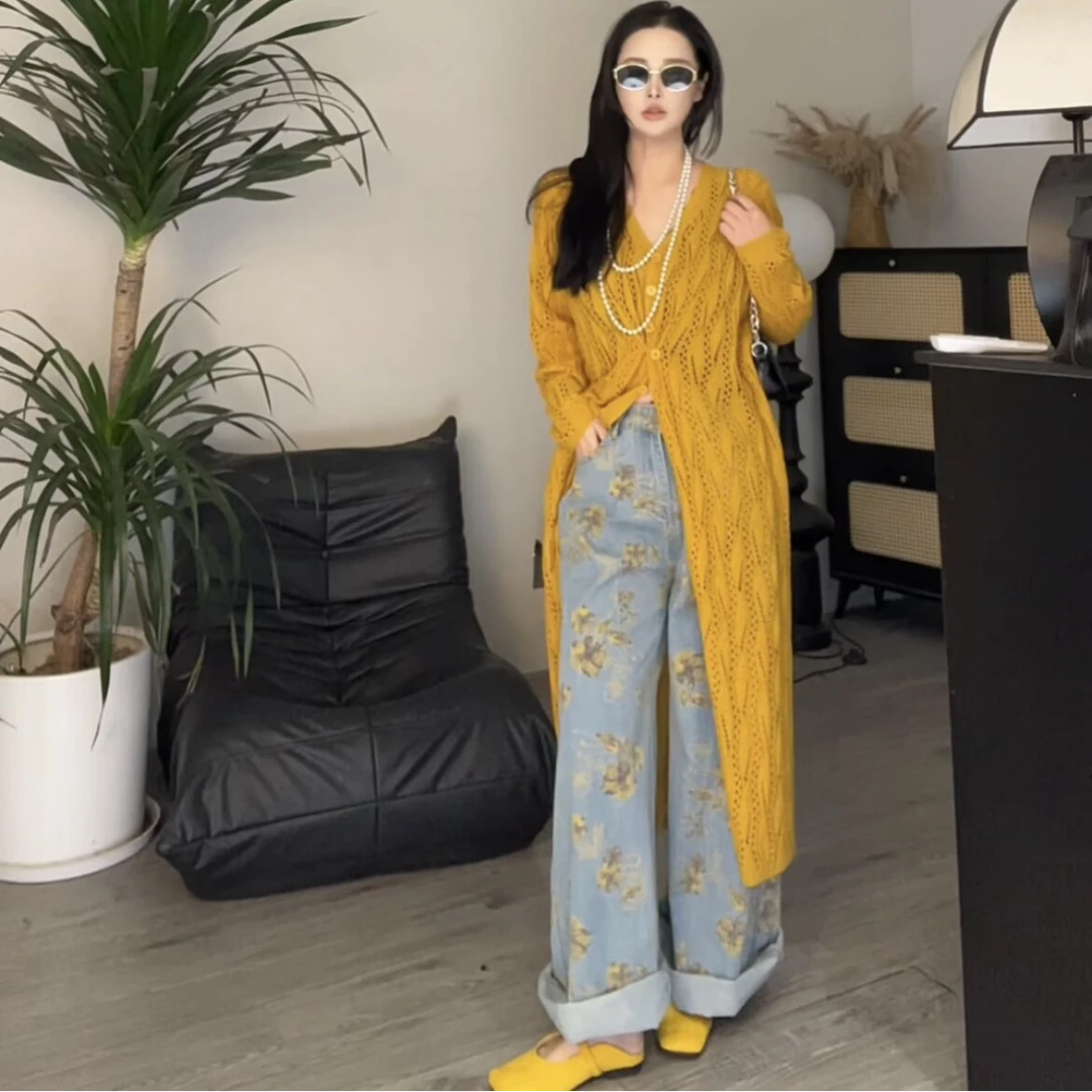 【断码清货】美式复古高腰宽松直筒显慵懒风印花设计感阔腿牛仔裤