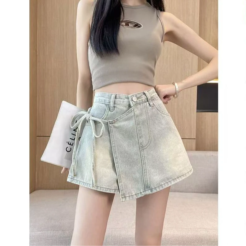 假两件牛仔短裤女夏A字高腰不规则洋气绑带裙裤小个子辣妹裤子