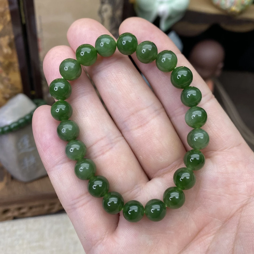 单圈和田玉碧玉卡8MM单圈菠菜绿无矿点玉手串多样性发和田玉珠串