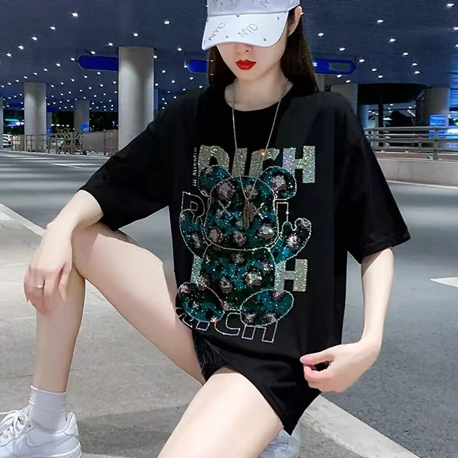 欧货时尚百搭烫钻潮流上衣春夏棉短袖女装