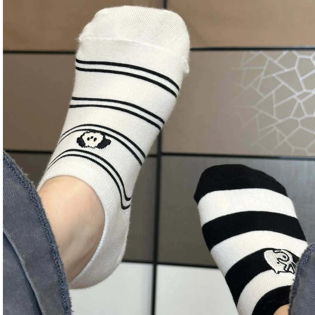 小狗船袜子女夏季薄款条纹防滑不掉跟隐形袜透气可爱短袜白色棉袜
