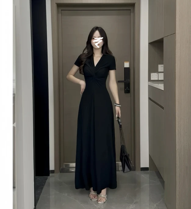 法式夏季V领后妈裙2025新款爆款收腰显瘦气质大摆长裙子