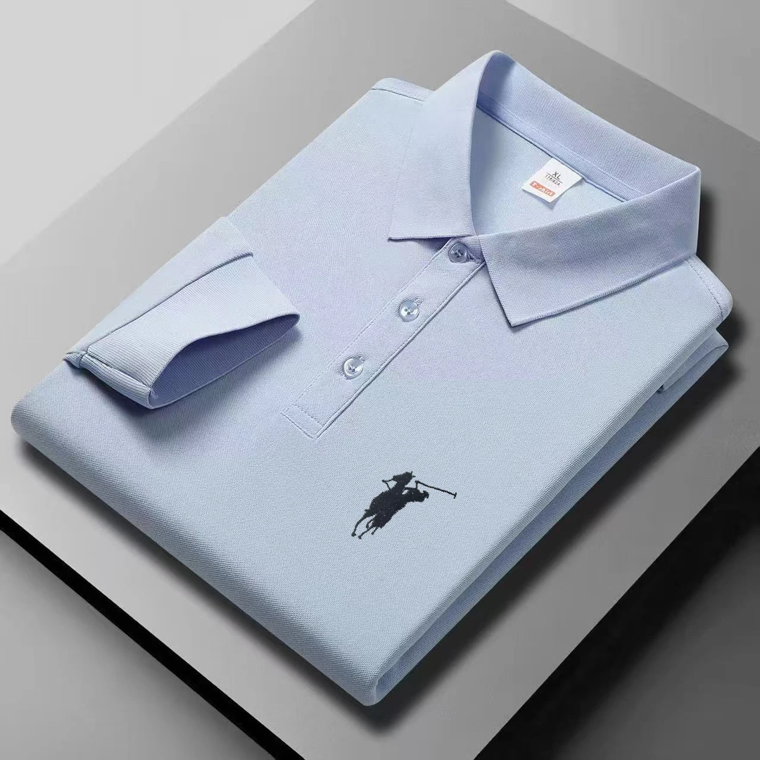 丝光Polo衫纯色翻领刺绣长袖秋季宽松免烫潮流